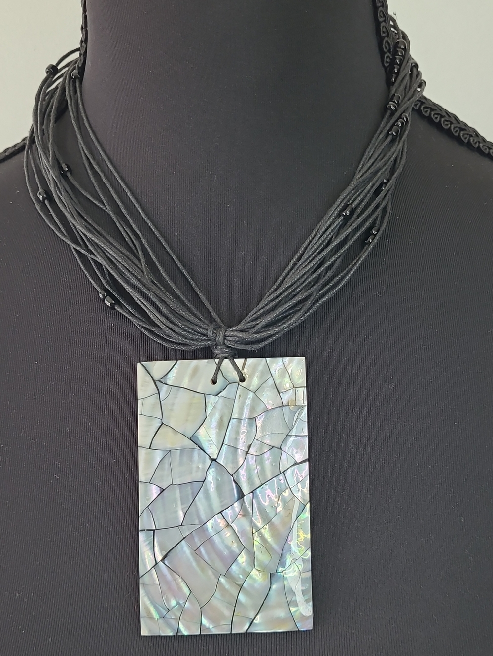 224 - Black Multi-Strand Necklace with Iridescent Mosaic Pendant